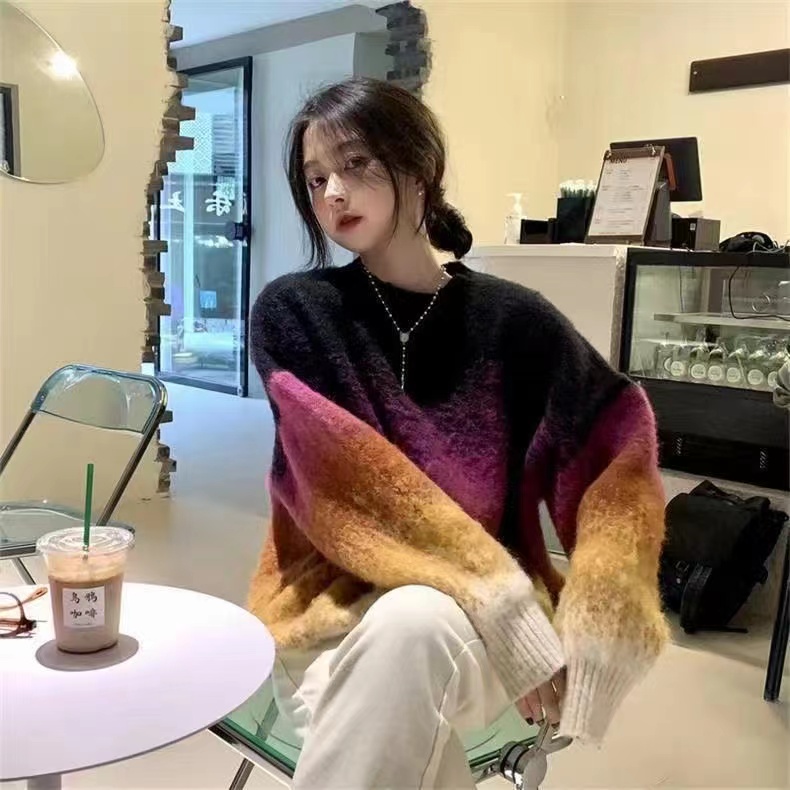 彩色漸變圓領毛衣女寬鬆慵懶風秋季新款設計感套頭長袖針織衫上衣