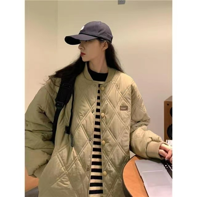 與原版一致男女同款寬鬆棒球領菱格棉服女2023年冬加厚棉衣