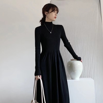 Women's autumn and winter half-turtleneck sweater skirt with a coat and an over-the-knee long skirt knitted dress