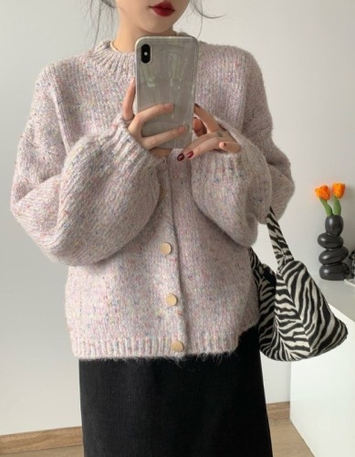 Retro colorful dot sweater cardigan for women loose lazy spring and autumn outer wear round neck sweet age-reducing sweater jacket