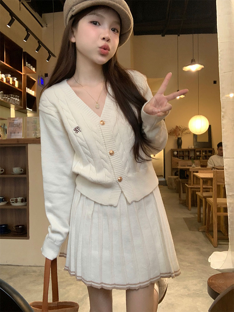 Real shot of Vitality Girl Autumn and Winter Simple Embroidered College Style Fashion Suit Top + Skirt
