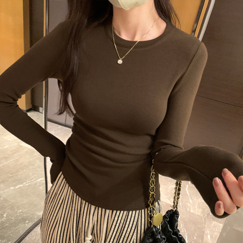 Photographed Round Neck Long Sleeve Warm T-Shirt Top  Autumn/Winter New Arrival Square Shoulders Versatile Basic Cashmere Base Shirt