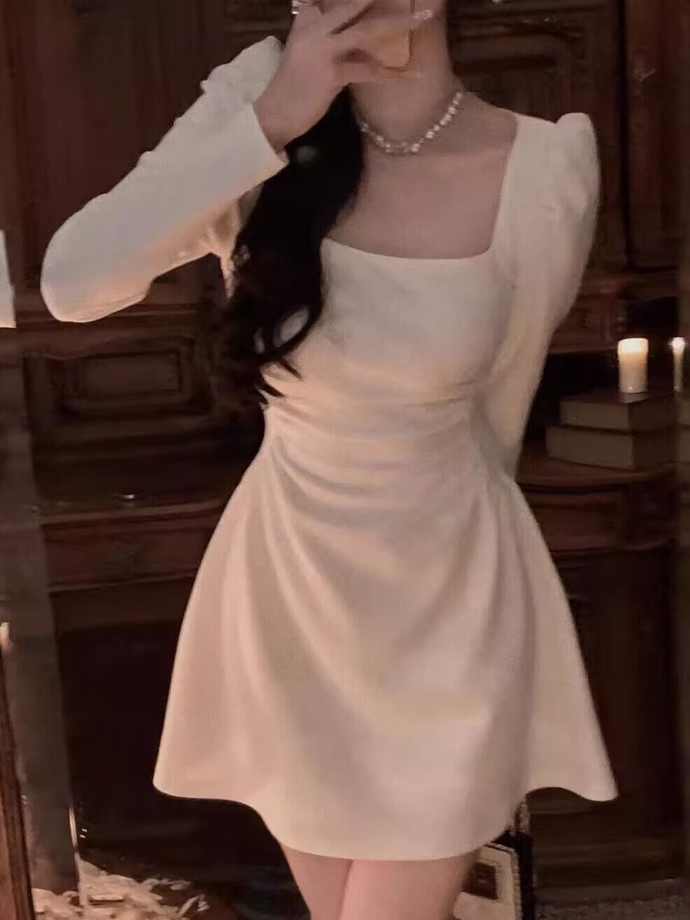 氣質法式高級感方領連衣裙女裝2023秋季新款小眾收腰顯瘦長袖裙子