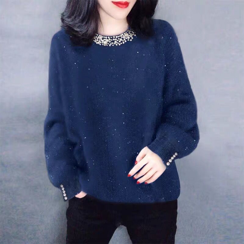 藍色復古休閒簡約套頭打底針織衫毛衣歐洲站2023秋季女裝新款歐貨