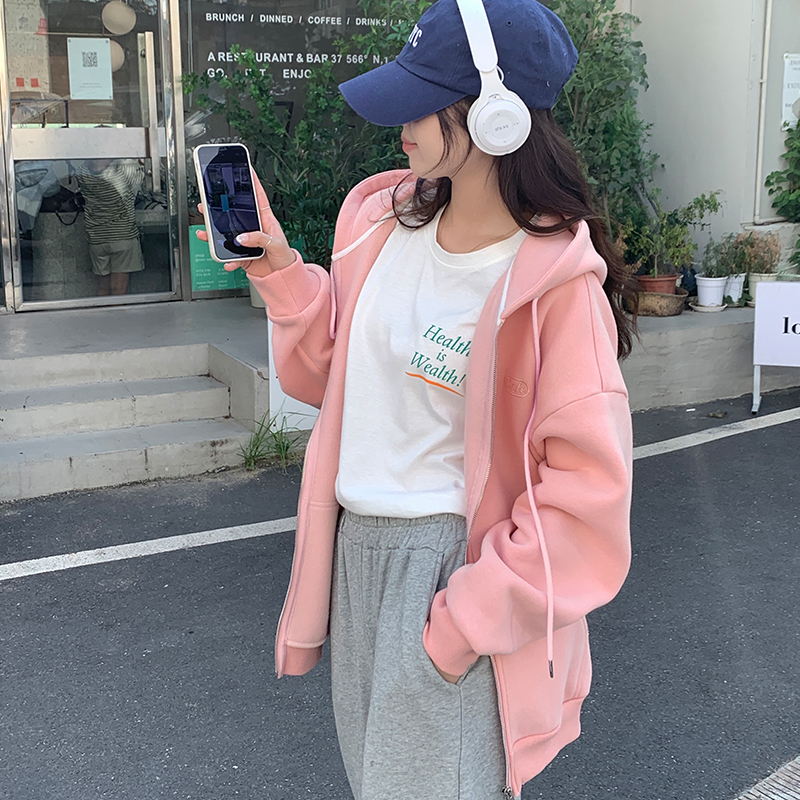 Real shot of Korean girl pink hooded sweatshirt for women in autumn and winter new letter embroidered zipper plus velvet top jacket