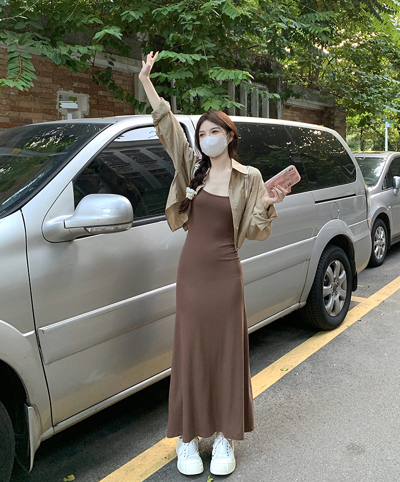實拍  純欲風性感修身收腰吊帶連衣裙+短款長袖襯衫套裝