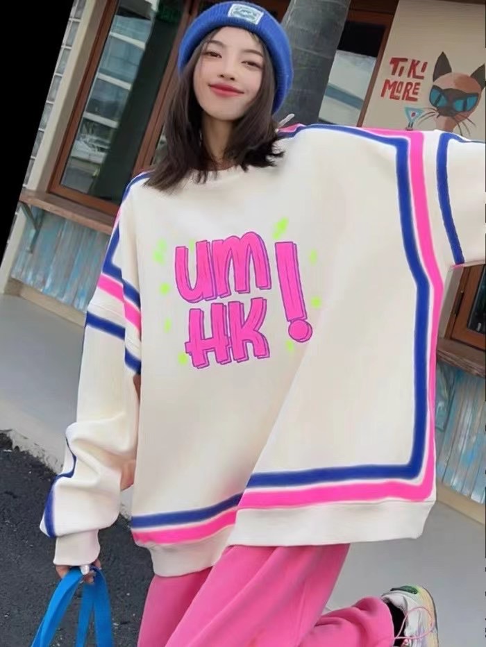 2023秋冬新款韓版超火的噴繪加絨圓領衛衣女寬鬆百搭套頭長袖上衣