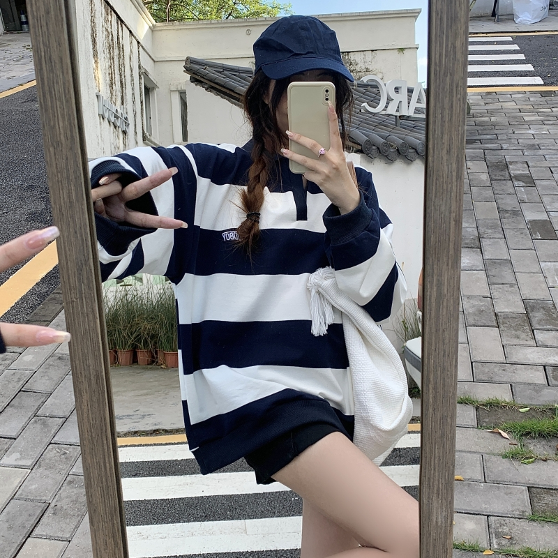 Real shot 260g twill retro striped embroidered letters polo collar sweatshirt for women