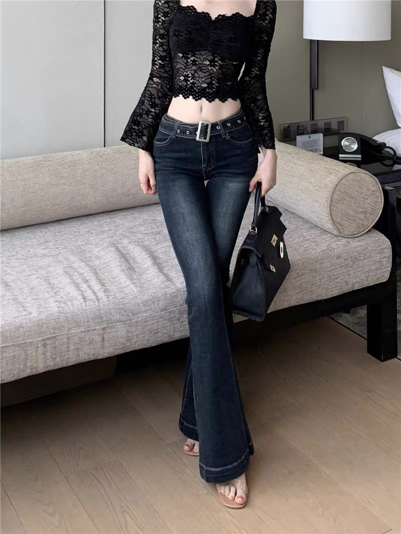 復古深藍色中腰微喇牛仔褲女2023秋季新款修身顯瘦直筒煙管喇叭褲