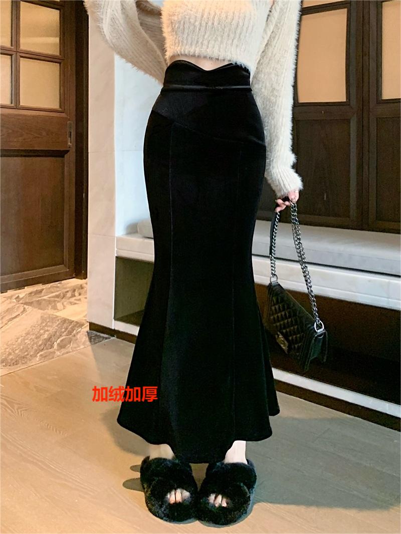 實拍！！2023秋冬新款加絨半身裙女黑色高腰長款修身魚尾裙