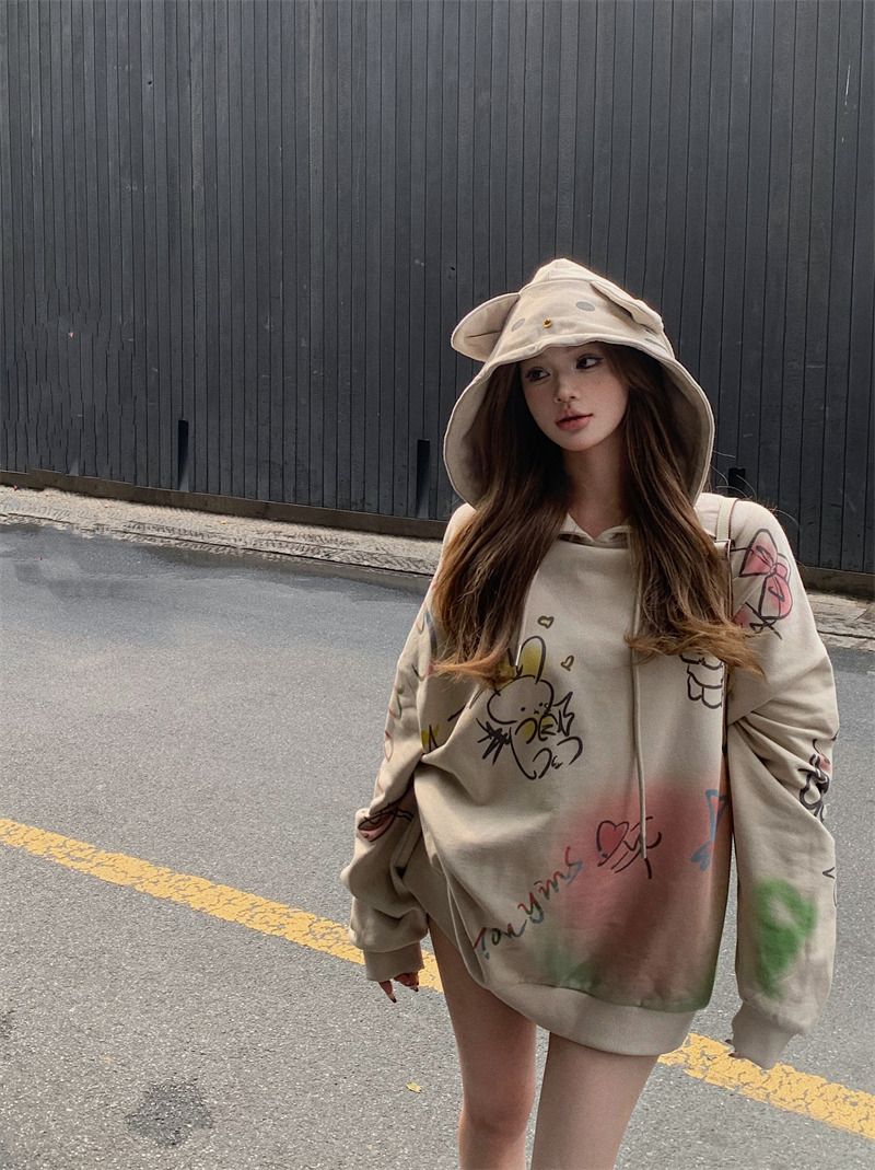 實拍 設計感小眾印花慵懶感加絨寬鬆炸街甜酷辣妹衛衣