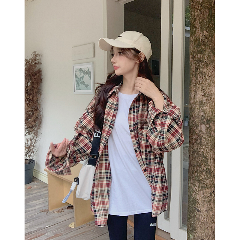 實拍  復古韓版撞色格子長袖襯衫寬鬆bf風情侶百搭襯衣