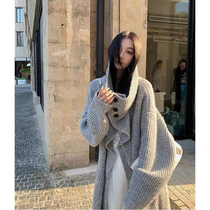 韓國東大門大翻領長款開衫外套女冬季設計感小眾針織衫寬鬆毛衣女