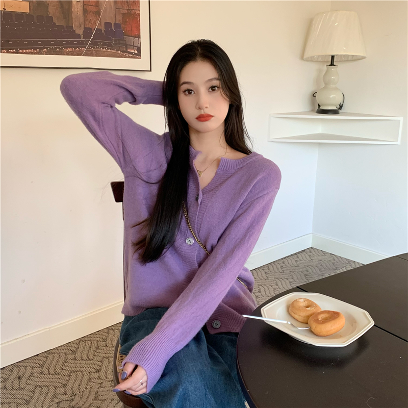 實拍 韓版圓領寬鬆純色百搭軟糯毛衣針織開衫外套女上衣