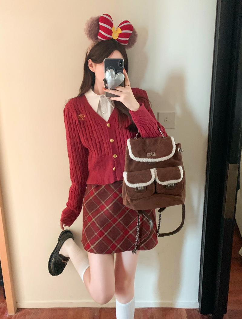 實拍 麻花針織開衫外套女刺繡毛衣+格子半身裙高腰A字裙短裙