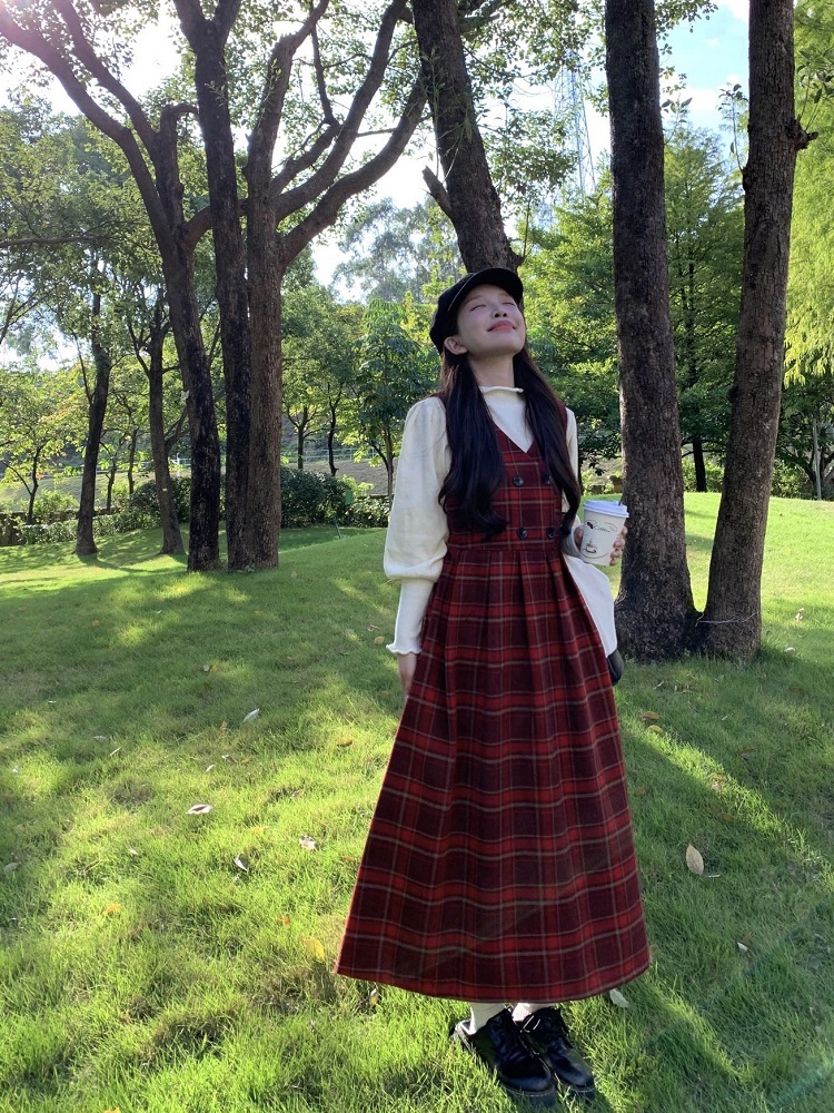 實拍復古格紋毛呢背心裙秋冬新款加厚中長款連衣裙打底針織衫套裝