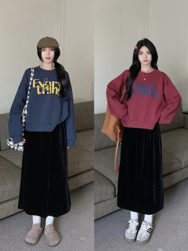 Actual shot~Large size fat mm plus velvet and thickened round neck printed pullover sweatshirt for women + elastic waist velvet skirt