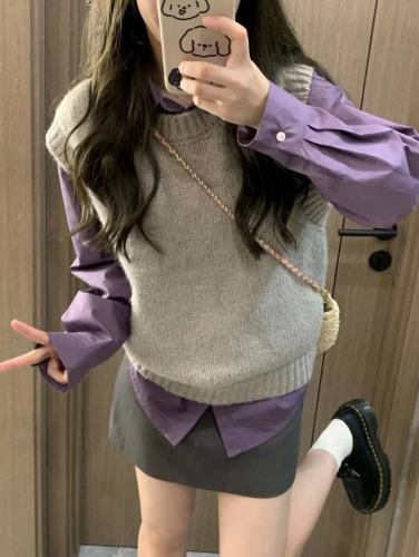 Retro round neck sweater vest autumn  new women's loose temperament simple sleeveless lazy style sweater