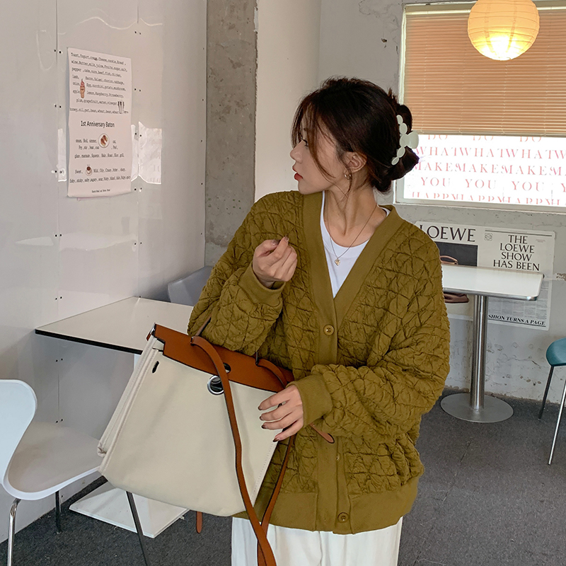 美式復古V領菱格棒球服外套女秋冬季寬鬆慵懶風夾克開衫上衣ins潮