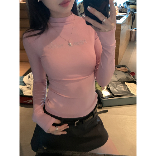 Actual shot of early autumn half-turtle collar bottoming shirt for women, American slim-fitting sweet and spicy short long-sleeved T-shirt top