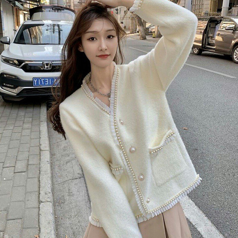 Xiaoxiangfeng imitation mink sweater jacket for women early spring versatile 2023 new French style knitted cardigan