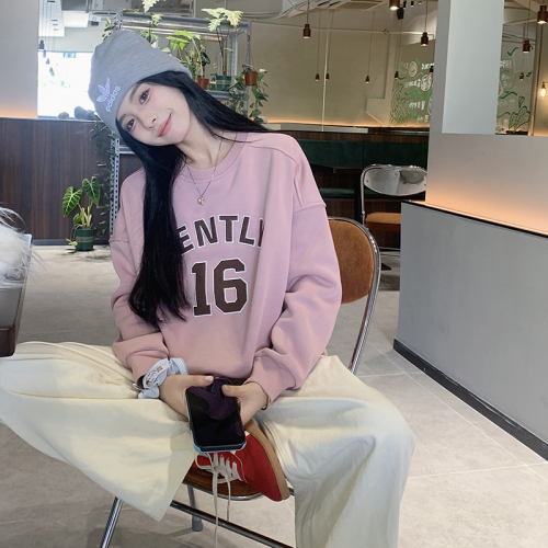 Actual shot ~ Large size autumn and winter plus velvet and thickened embroidered letters round neck sweatshirt for women, loose and versatile pullover top