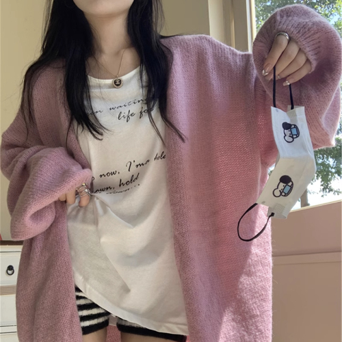 Early autumn solid color petite lazy style versatile design sweater knitted cardigan women's bottoming top