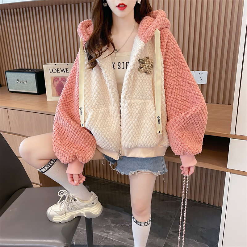 實拍 加絨雙面絨開衫外套女新款秋冬洋氣百搭寬鬆慵懶風拼色上衣