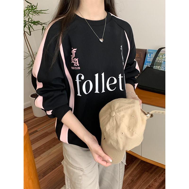 Real shot of Korean retro contrasting color jersey long-sleeved sweatshirt for women Korean American retro splicing casual round neck top