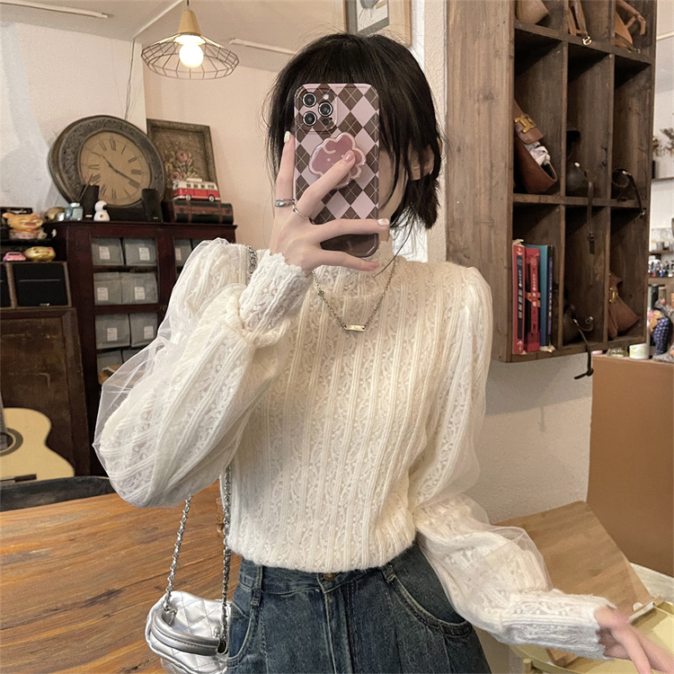 實拍高級感半高領法式長袖蕾絲衫女秋冬洋氣內搭加絨小衫