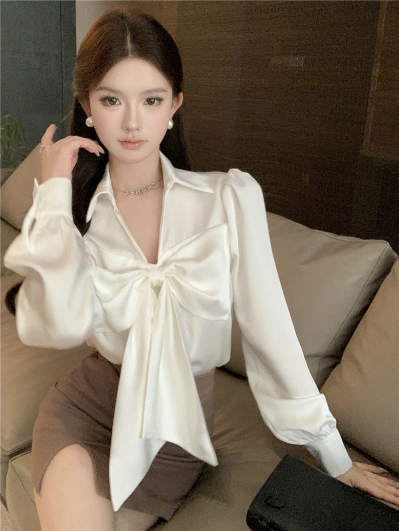 實拍法式復古港風小眾設計感別致寬鬆上衣長袖蝴蝶結白色襯衫