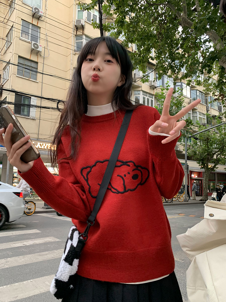 韓國秋冬新款圓領卡通小狗套頭毛衣女減齡洋氣百搭針織衫