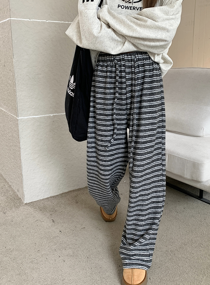 實拍 絨感橫紋針織休閒褲鬆緊腰顯瘦百搭闊腿褲百搭秋冬長褲