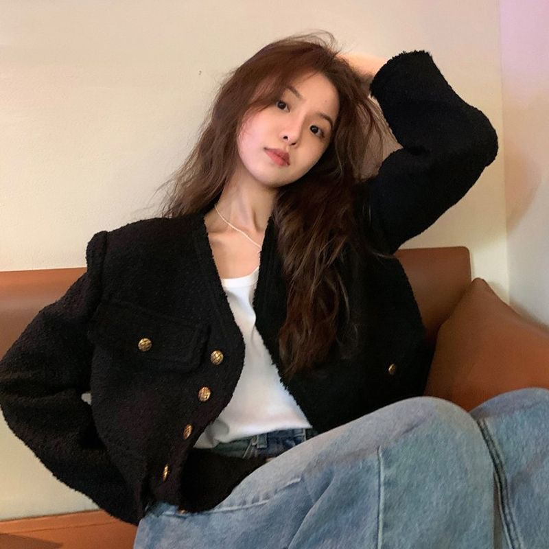 Western black small fragrant style coat autumn and winter long-sleeved fringed lady style loose versatile cardigan short coat for women