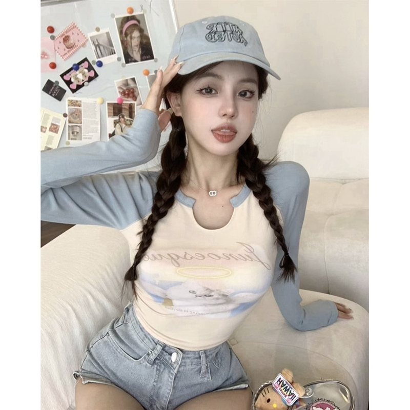 官圖 6535拉架棉打網原版質量小貓印花拼色長袖T恤女