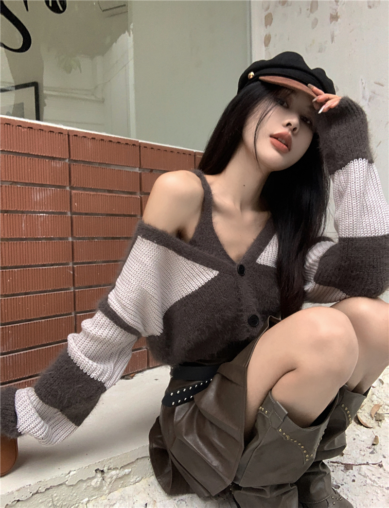 實拍 秋季吊帶背心修身短款上衣毛衣開衫外套純欲風套裝