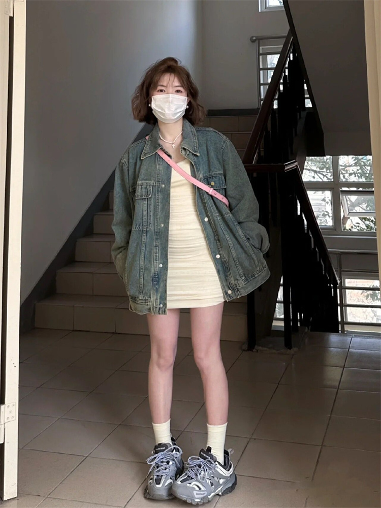 港風復古chic牛仔外套女春季2023新款水洗寬鬆設計感小眾夾克上衣
