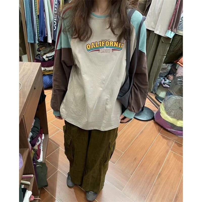 Pure cotton trendy brand patchwork color design printed loose and versatile long-sleeved T-shirt