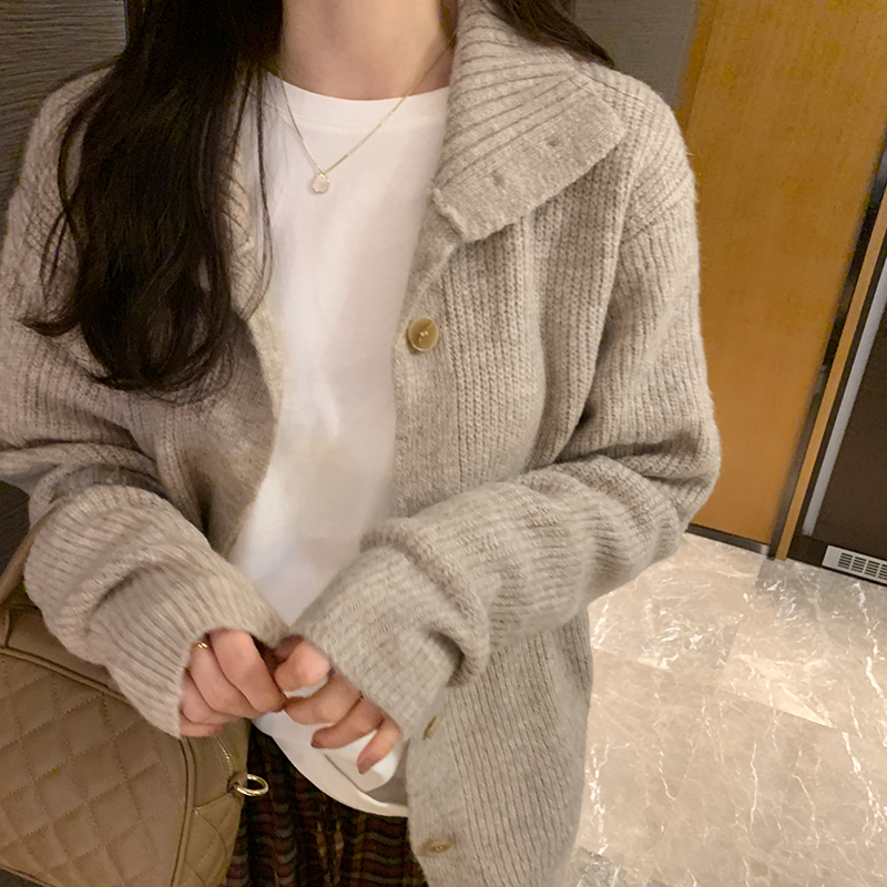 實拍圖高領毛衣女秋冬季加厚2023新款寬鬆軟糯針織翻領開衫外套