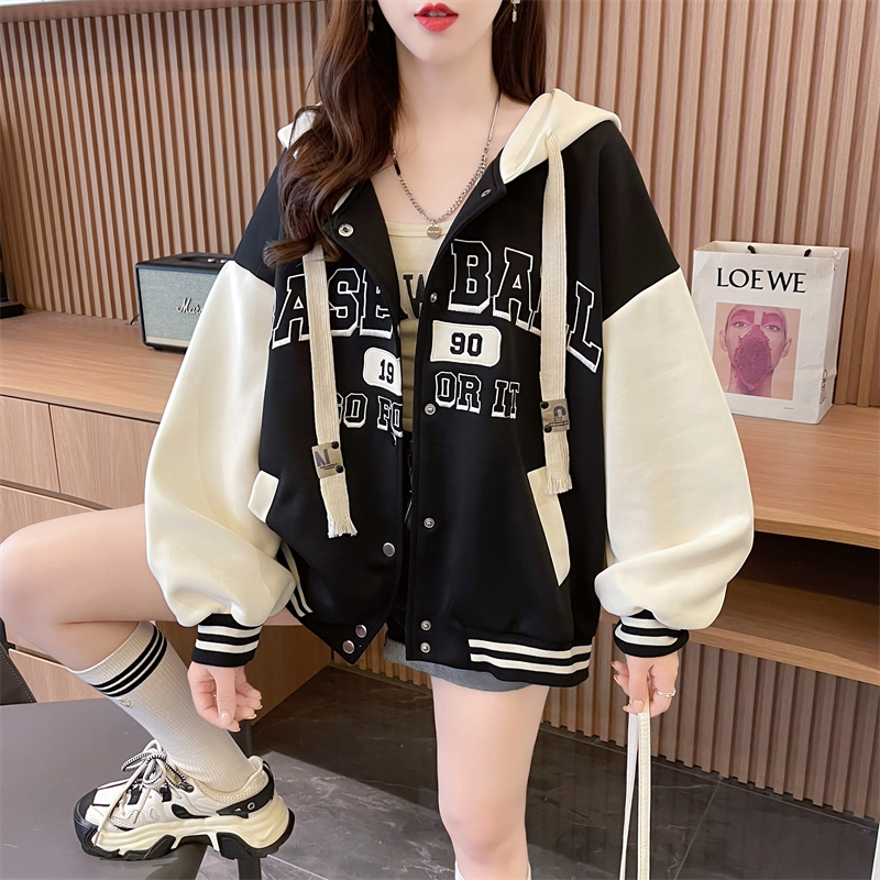 實拍-冬裝仿棉華棉複合貝貝絨百搭字母連帽衛衣棒球服女