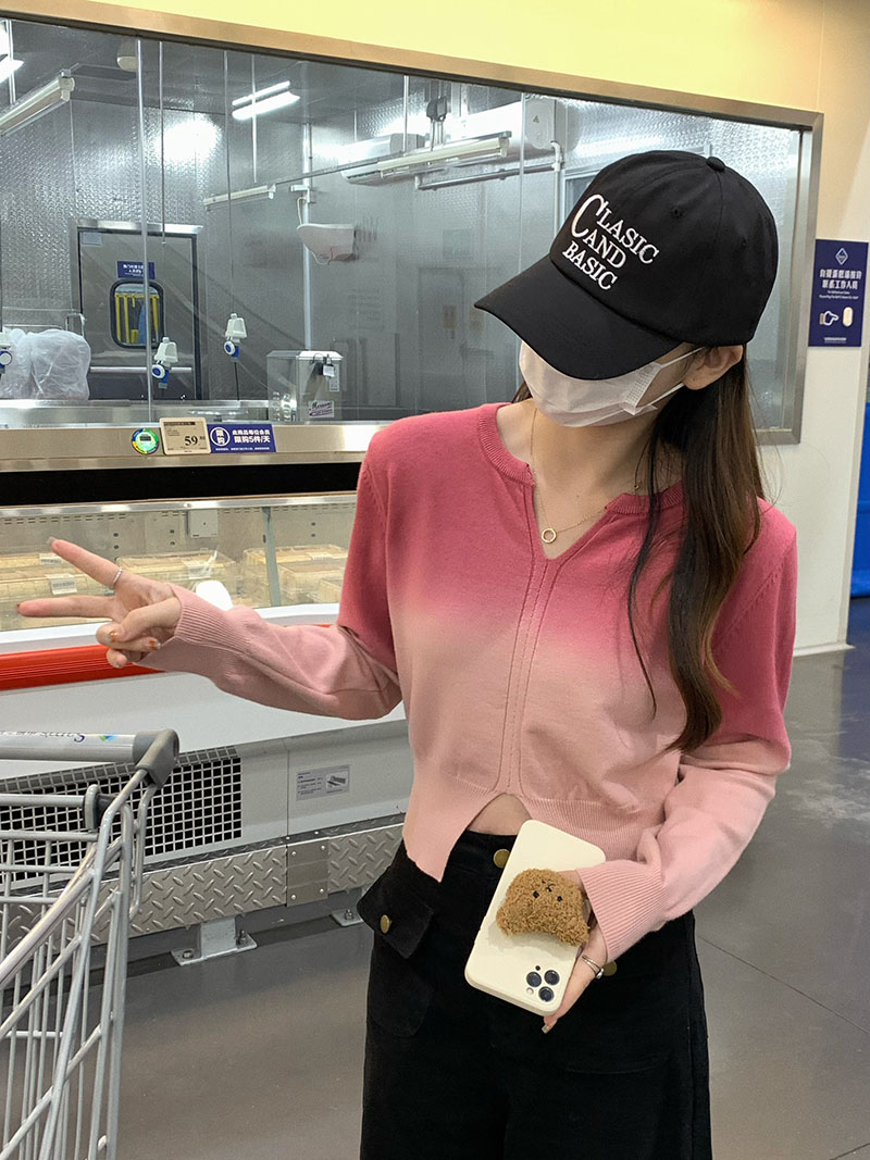 實拍 辣妹穿搭開叉露腰收腰顯瘦針織衫漸變色洋氣百搭毛衣