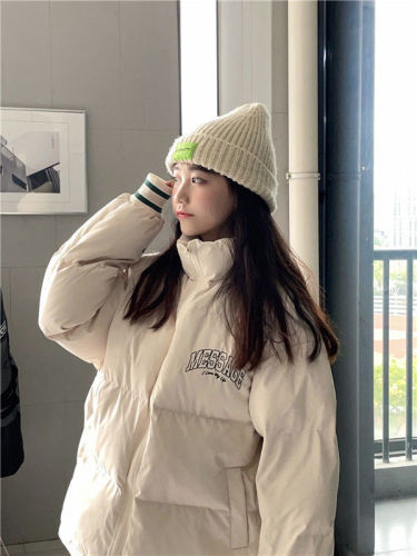Hong Kong style retro thickened warm letter splicing bread coat cotton coat for female students winter Korean style cotton jacket cotton coat