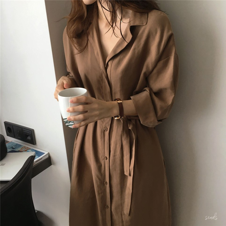 2023秋冬新款法式襯衣裙子御姐氣質輕熟風女裝棕色打底襯衫連衣裙