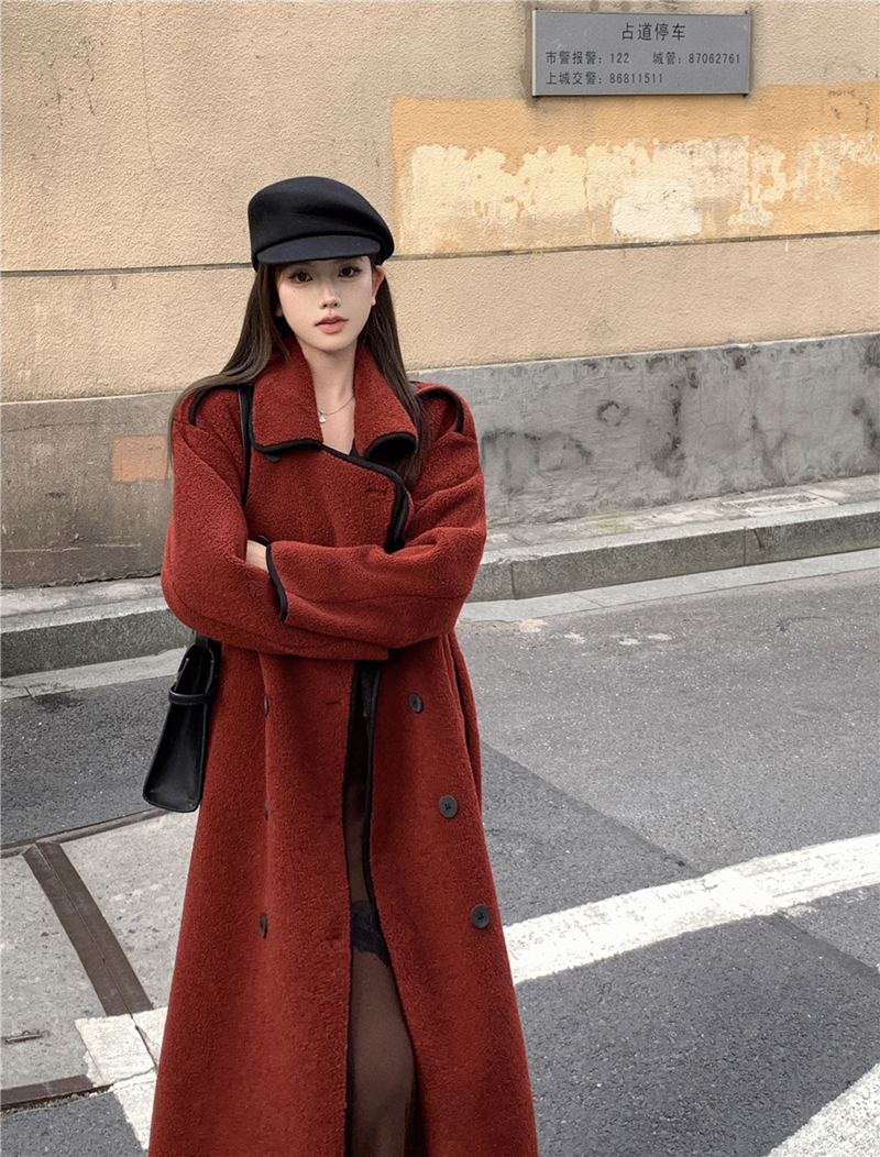 實拍秋冬高級加厚復古羊羔毛外套女寬鬆長款拼色大衣女