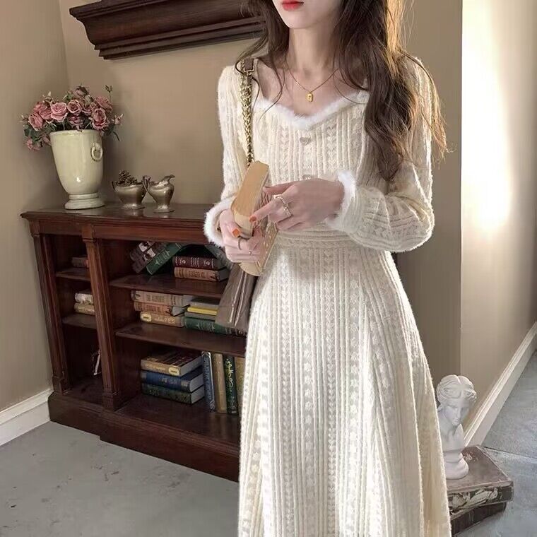2023 autumn and winter square collar lace splicing jumpsuit spring new design imitation mink with coat date fairy skirt