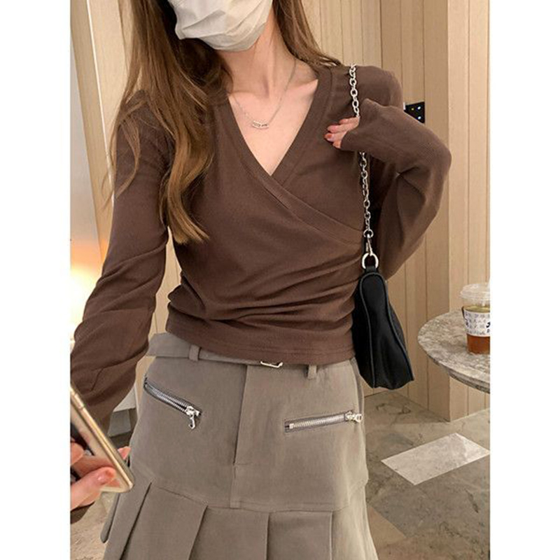 四色秋冬新款V領不規則交叉修身超柔百搭長袖通勤打底衫T恤女
