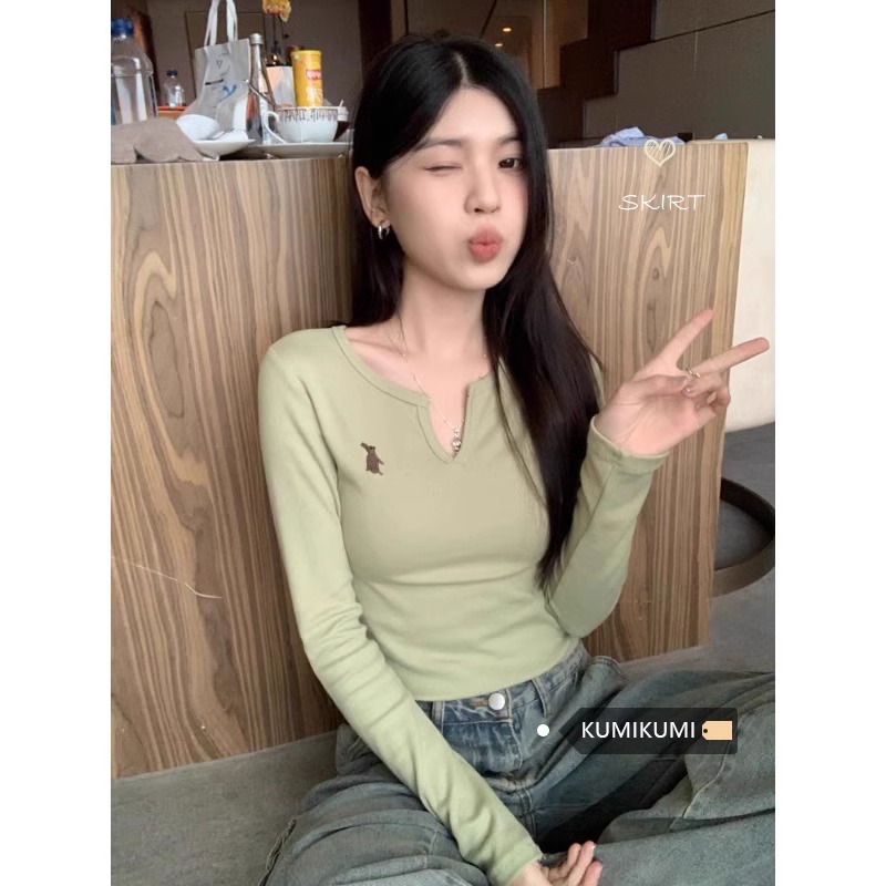 新款甜美風兔子刺繡長袖打底衫T恤女裝秋季修身顯瘦短款上衣潮
