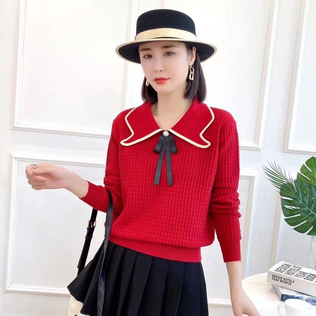 時尚韓版娃娃領針織打底衫女秋裝新款2023法式修身上衣洋氣小衫潮