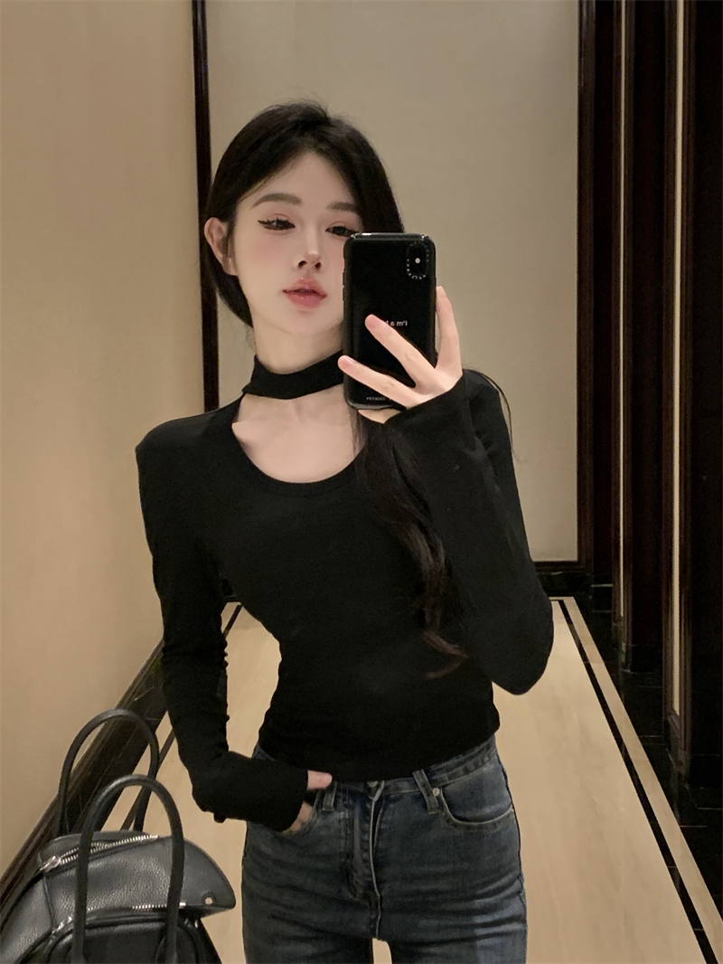 Actual shot ~ turtleneck bottoming top black hollow round neck elastic slim long-sleeved T-shirt with chest pad