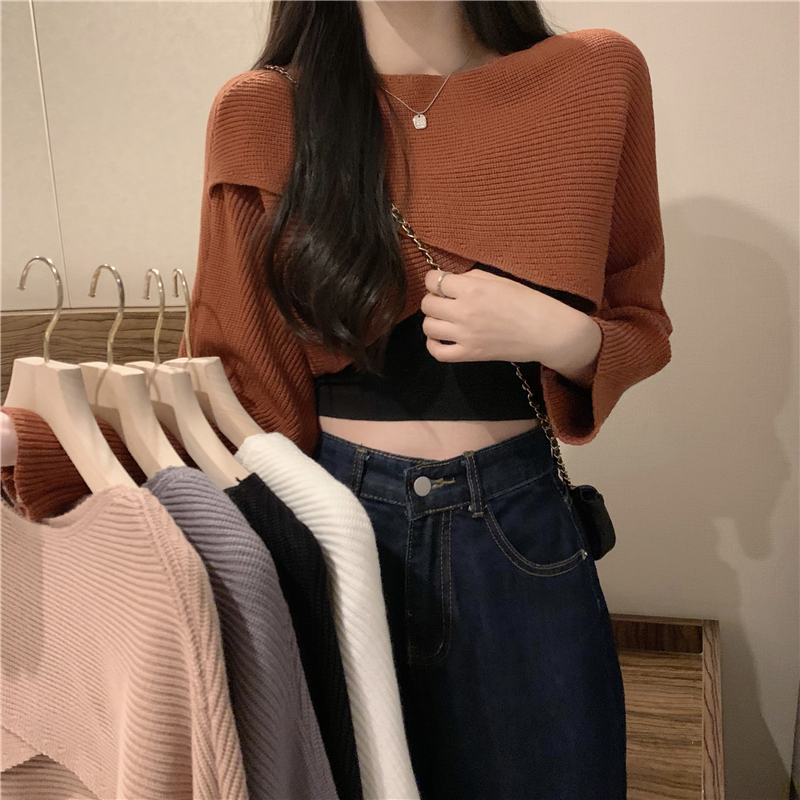 實拍 設計感圓領套頭交叉短款毛衣女披肩外套上衣